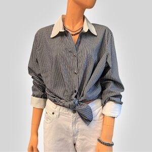 GEORGE Plus Size Stripe Oxford Button Down Shirt with Contrast Collar and Cuffs